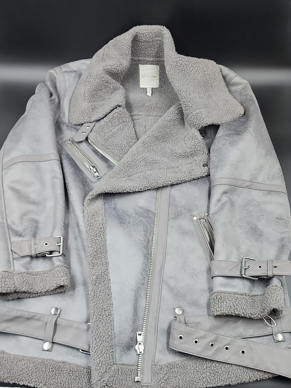 Avec Les Filles Light Gray Faux Shearling Moto Jacket